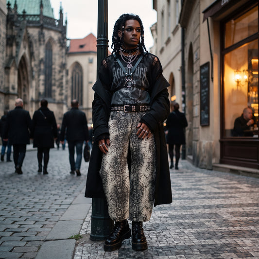 KovenKhaos Mens Snake Print Barrel Leg Pants