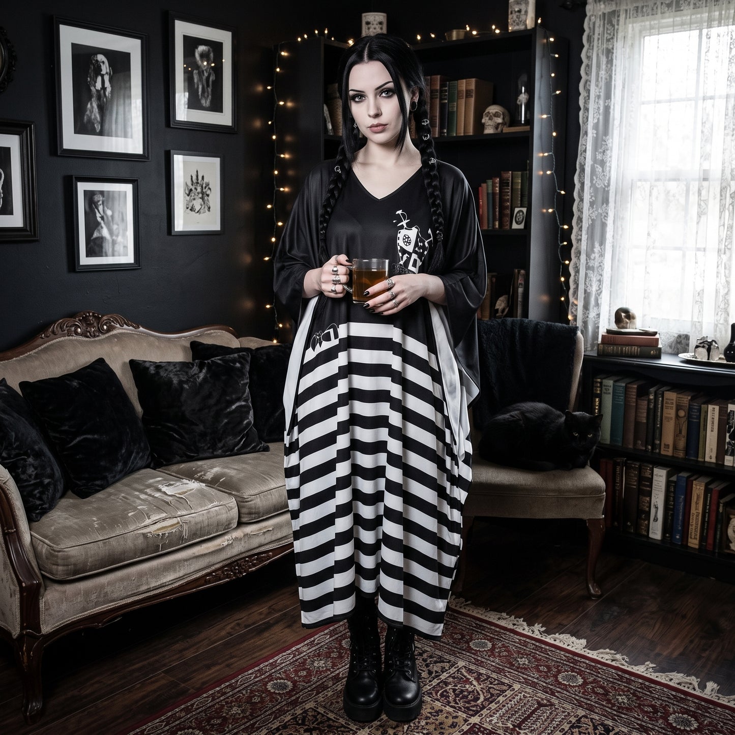 Wednesady| Addams Inspired Imitation Silk V-neck Moo Moo | Kaftan Lounge Cover-Up