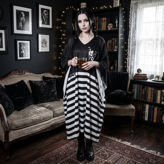 Wednesady| Addams Inspired Imitation Silk V-neck Moo Moo | Kaftan Lounge Cover-Up