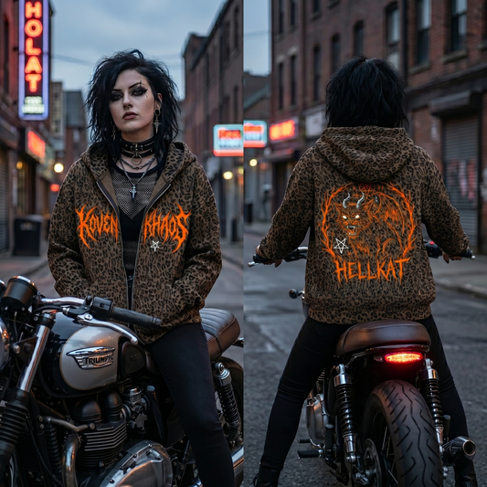 Hellkat Unisex Leopard Print Waffle Full Zip Hoodie