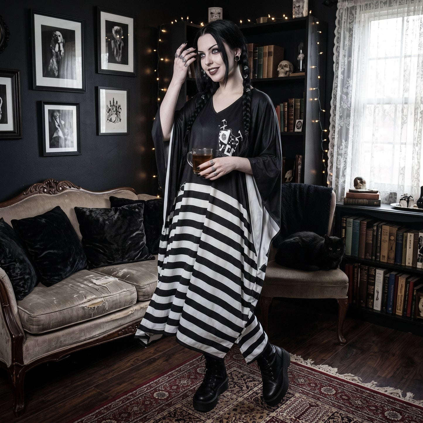 Wednesady| Addams Inspired Imitation Silk V-neck Moo Moo | Kaftan Lounge Cover-Up