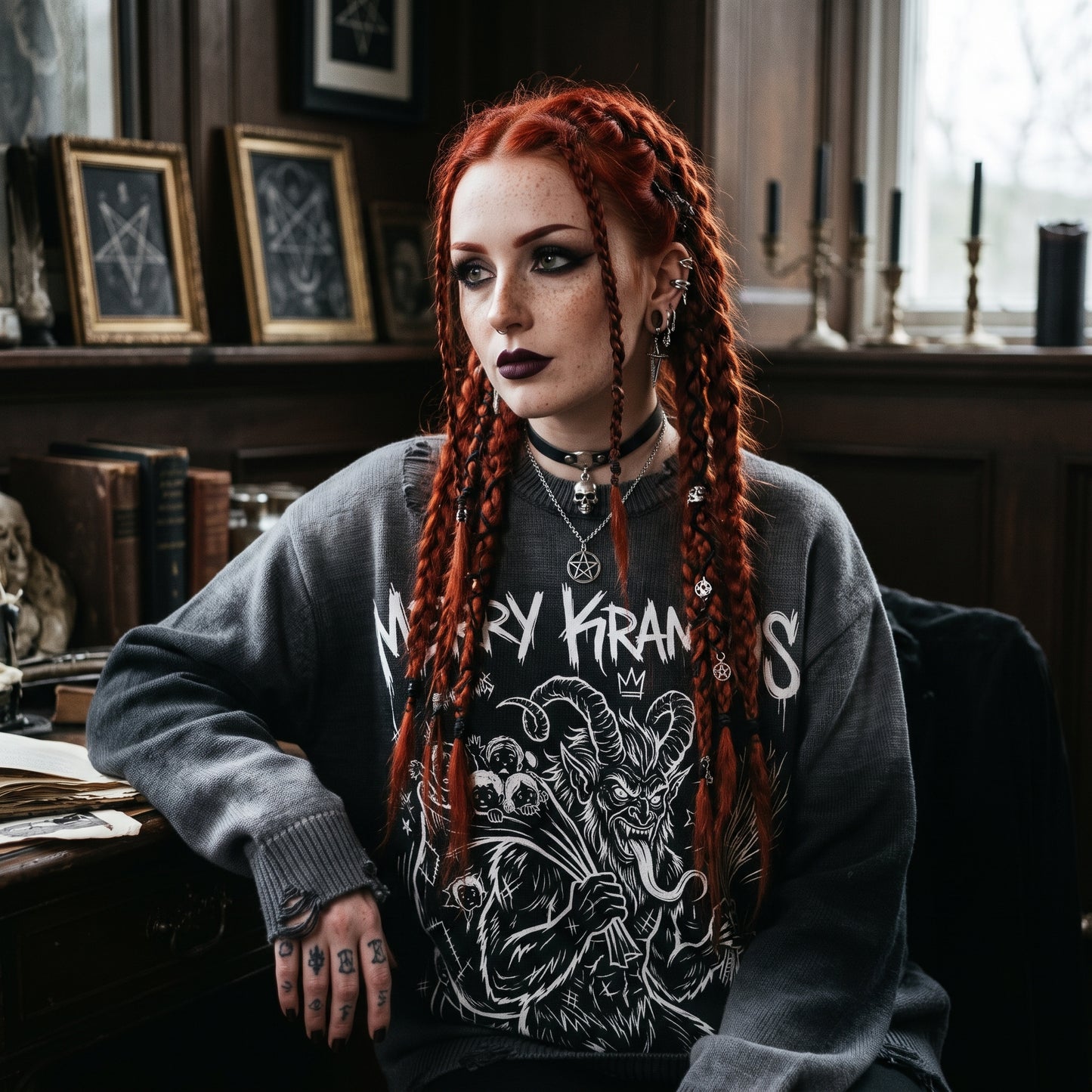Krampus Sun Fade Distressed Ripped Crewneck sweater