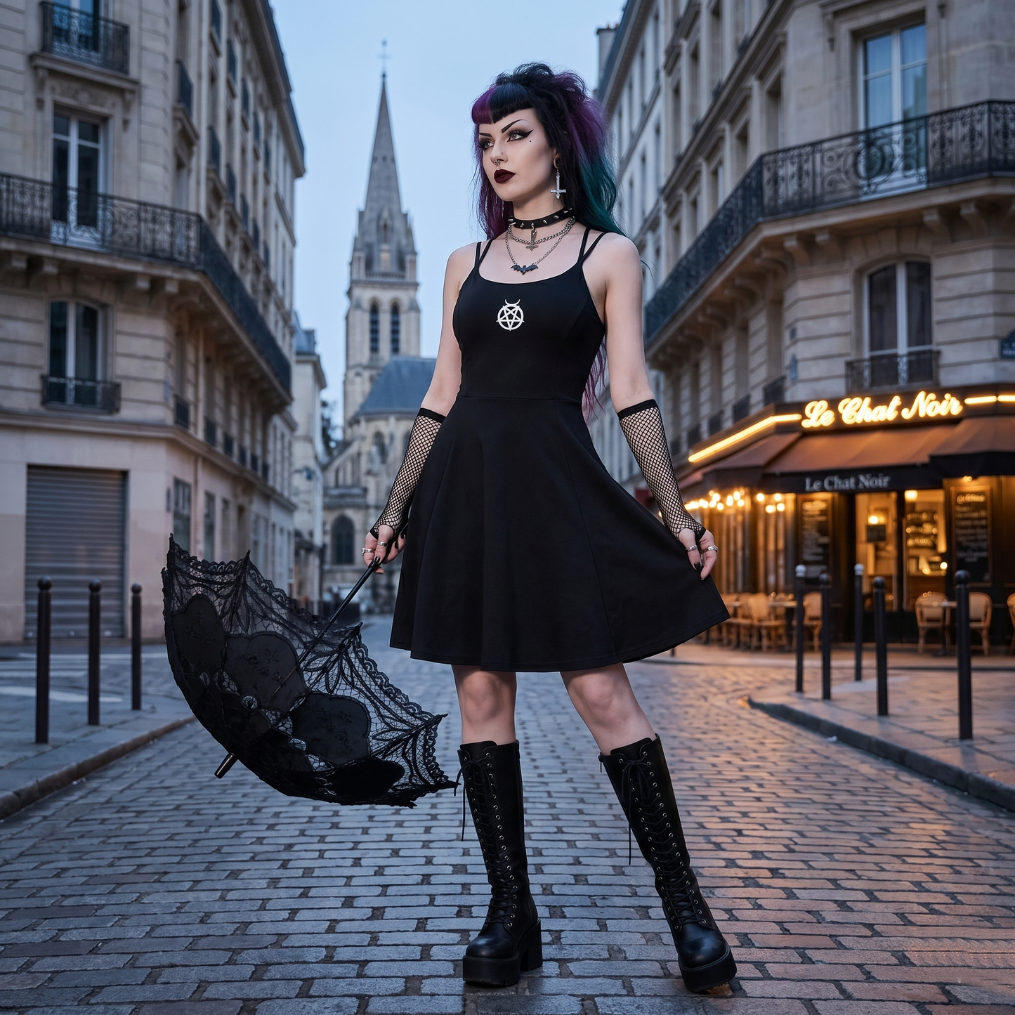 Pentacle with Crescent Moon Paneled A-Line Dress