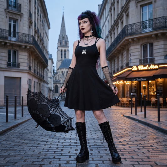 Pentacle with Crescent Moon Paneled A-Line Dress