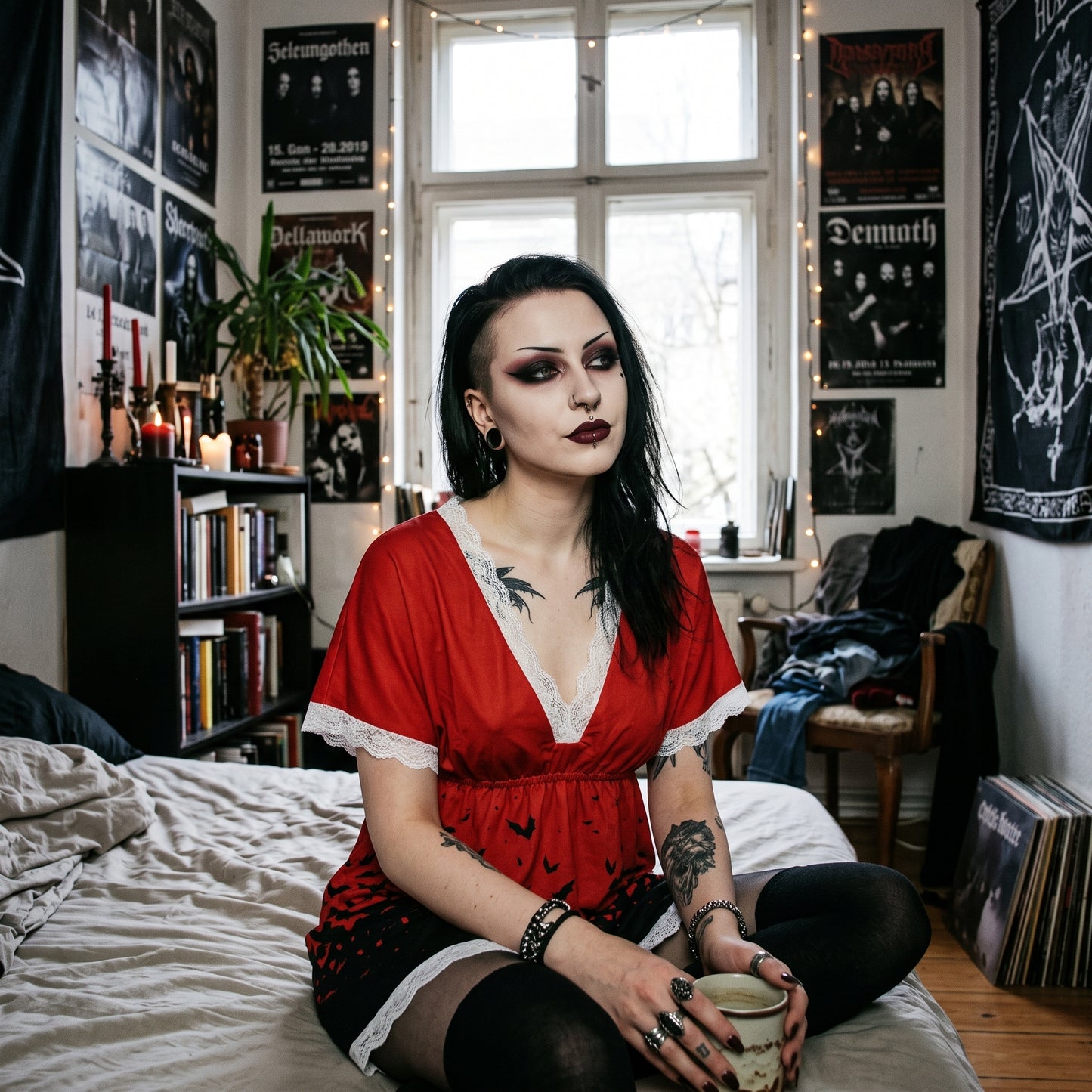 Red Dawn Lace Edge Sleepwear With Bat Sleeve