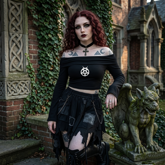 Wiccan Crescent Moon Off-the-Shoulder Bell Sleeve Crop Top