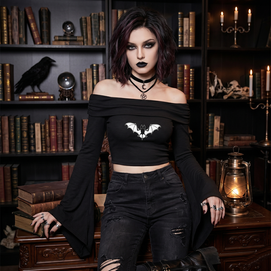 Leutogi Off-the-Shoulder Bell Sleeve Crop Top