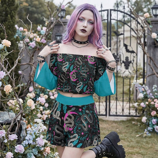 Snakes & Moons Off-shoulder Top And Skirt Set