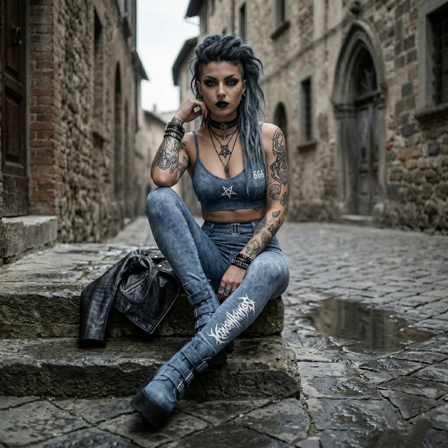 KovenKhaos Faux Denim Zip-Fly Leggings