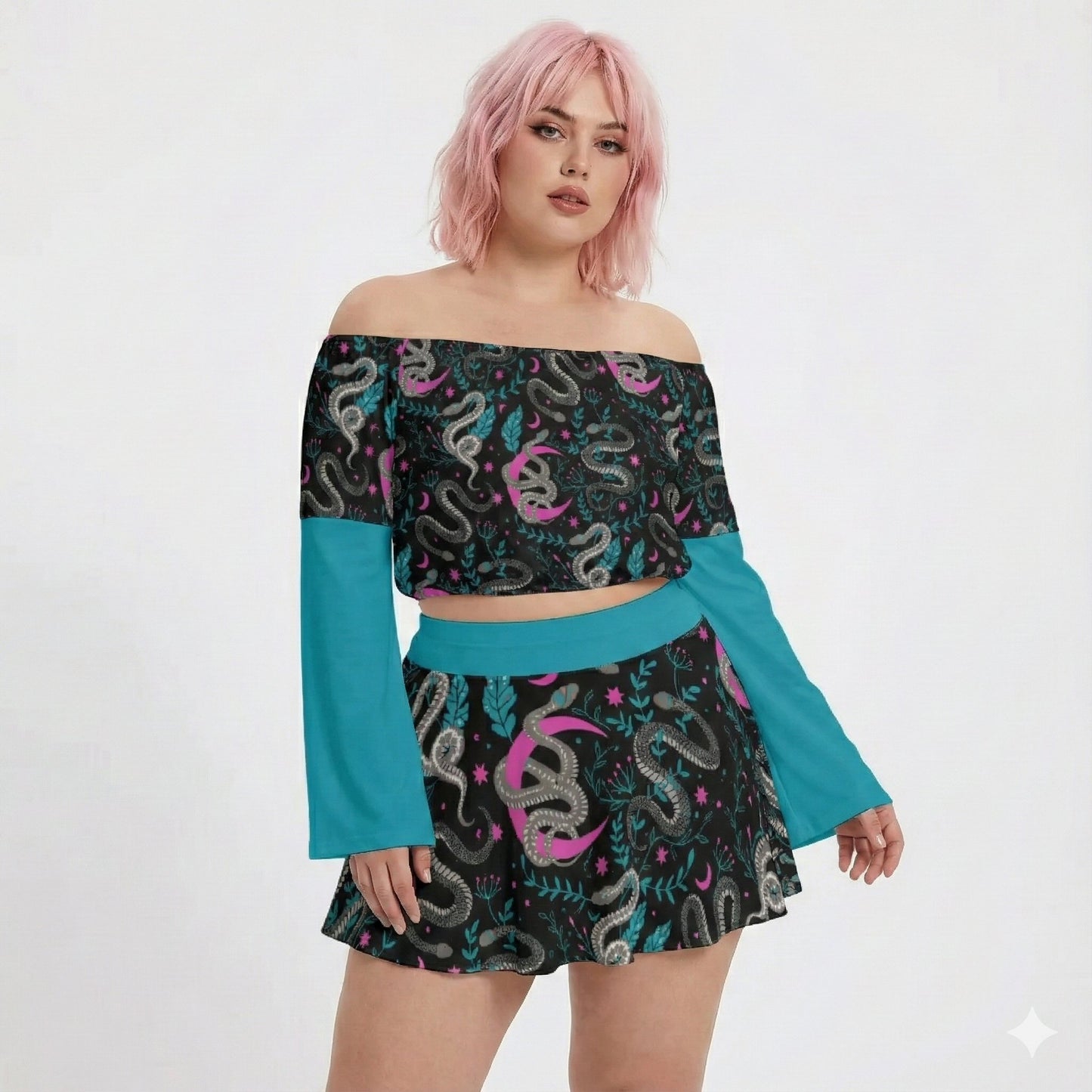 Snakes & Moons Off-shoulder Top And Skirt Set