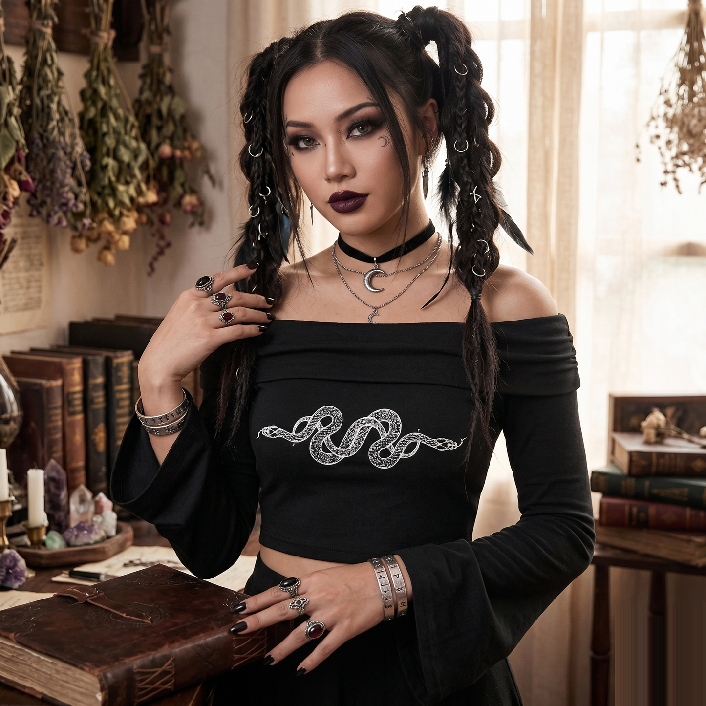 Twin Serpents Off-the-Shoulder Bell Sleeve Crop Top
