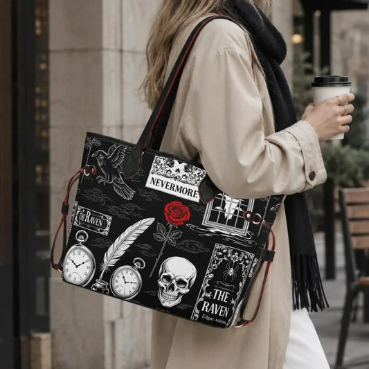 Edarg Alan Poe | The Raven Carryall Monogram Tote Bag with Zipper Makeup Bag