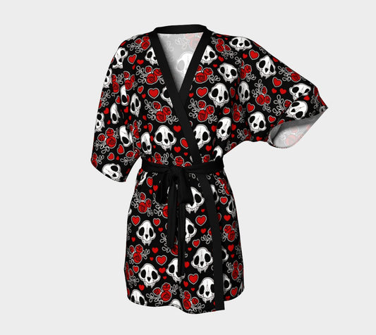 Bat Skulls & Flowers (red) Kimono Robe