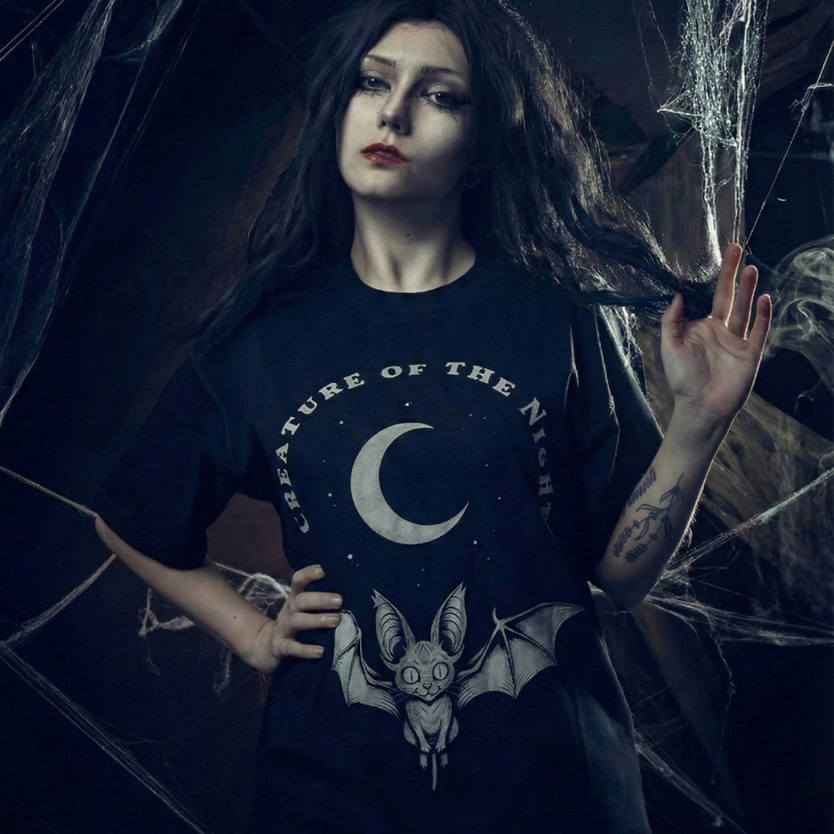 Creature of Night - Oversized Contrast-Stitched Cotton Tee