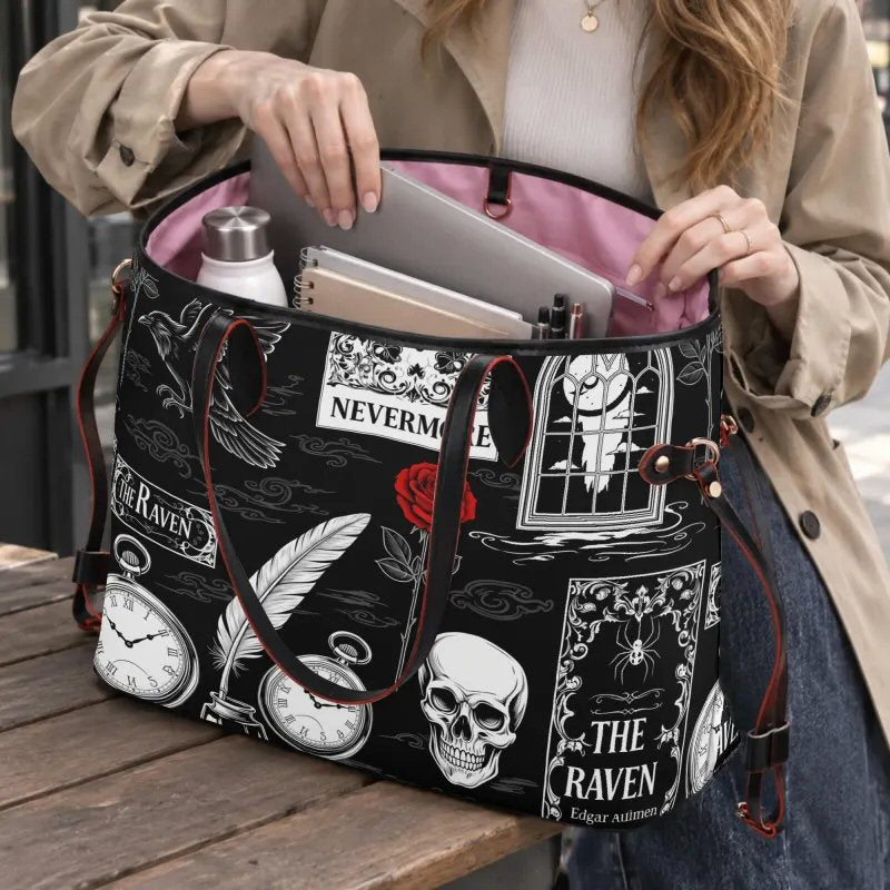 Edarg Alan Poe | The Raven Carryall Monogram Tote Bag with Zipper Makeup Bag