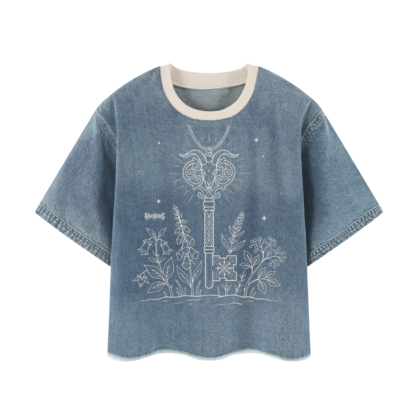 Baphomet Key Unisex Vintage Wash Boxy Raw Hem Denim T-Shirt