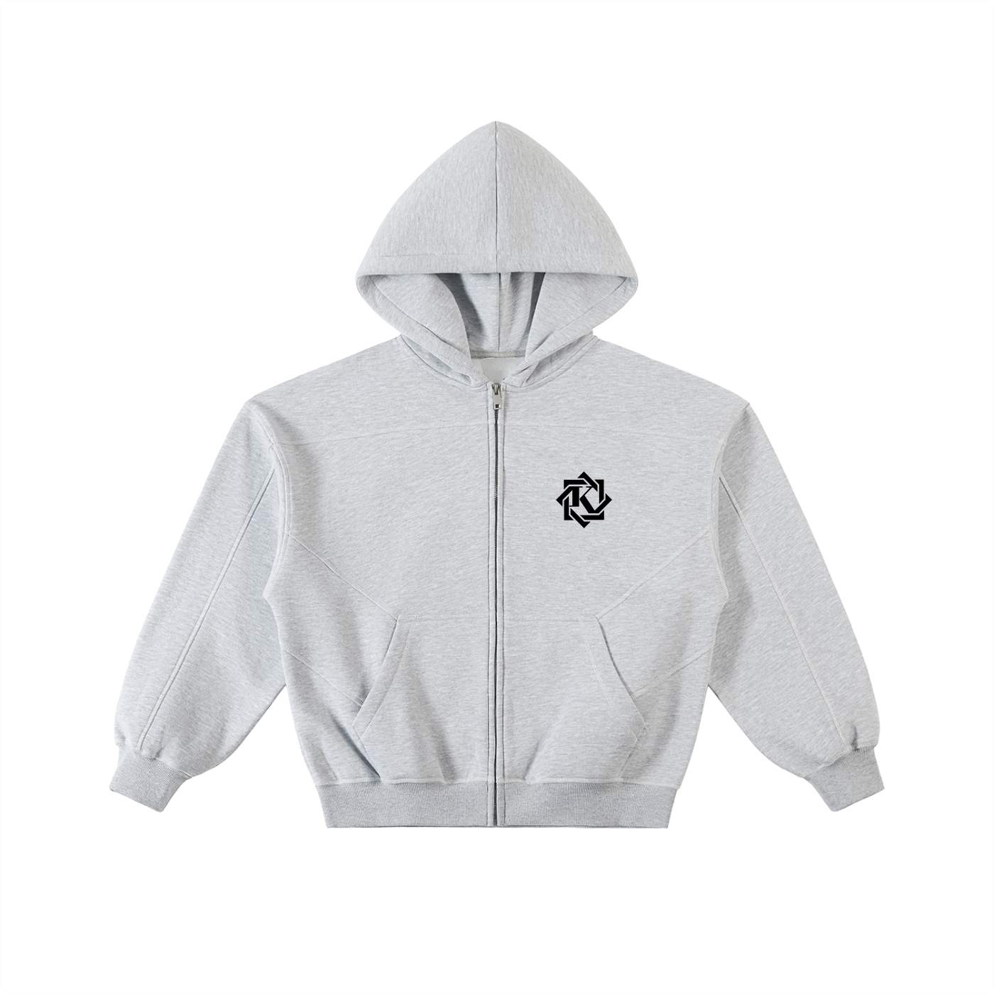 KovenKhaos Contrast-Stitched Boxy Fleece Zip Hoodie (Gray)