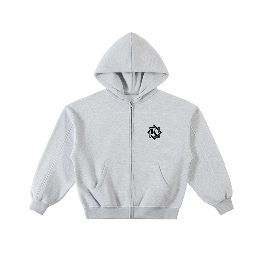 KovenKhaos Contrast-Stitched Boxy Fleece Zip Hoodie (Gray)