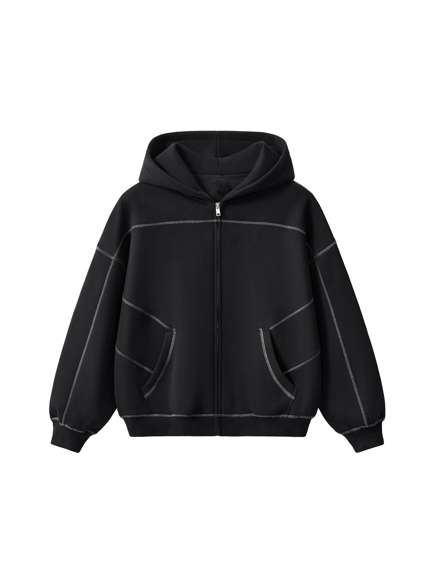 KovenKhaos Contrast-Stitched Boxy Fleece Zip Hoodie (Gray)