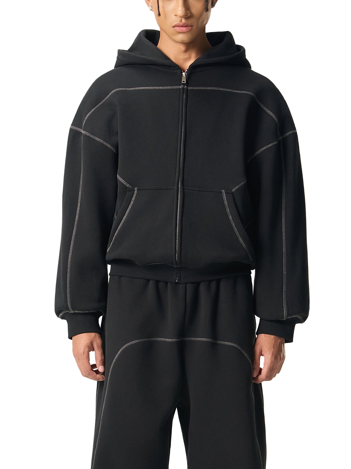 KovenKhaos Contrast-Stitched Boxy Fleece Zip Hoodie