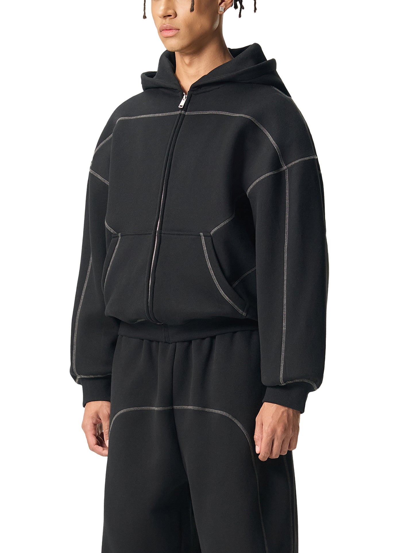 KovenKhaos Contrast-Stitched Boxy Fleece Zip Hoodie