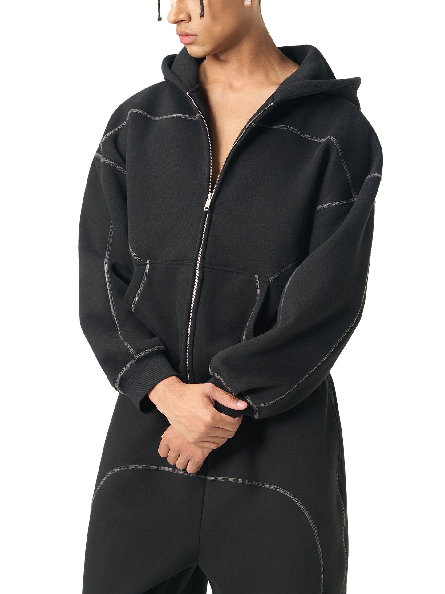 KovenKhaos Contrast-Stitched Boxy Fleece Zip Hoodie