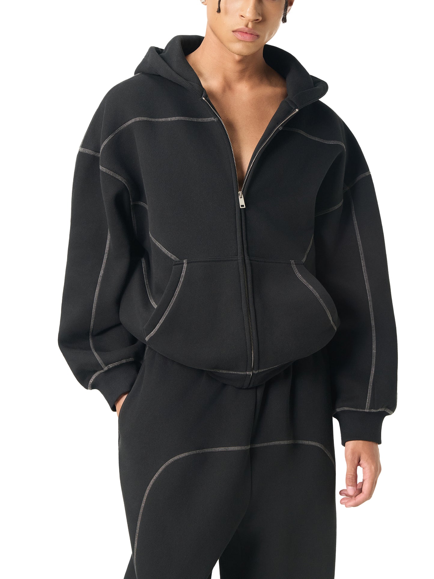 KovenKhaos Contrast-Stitched Boxy Fleece Zip Hoodie