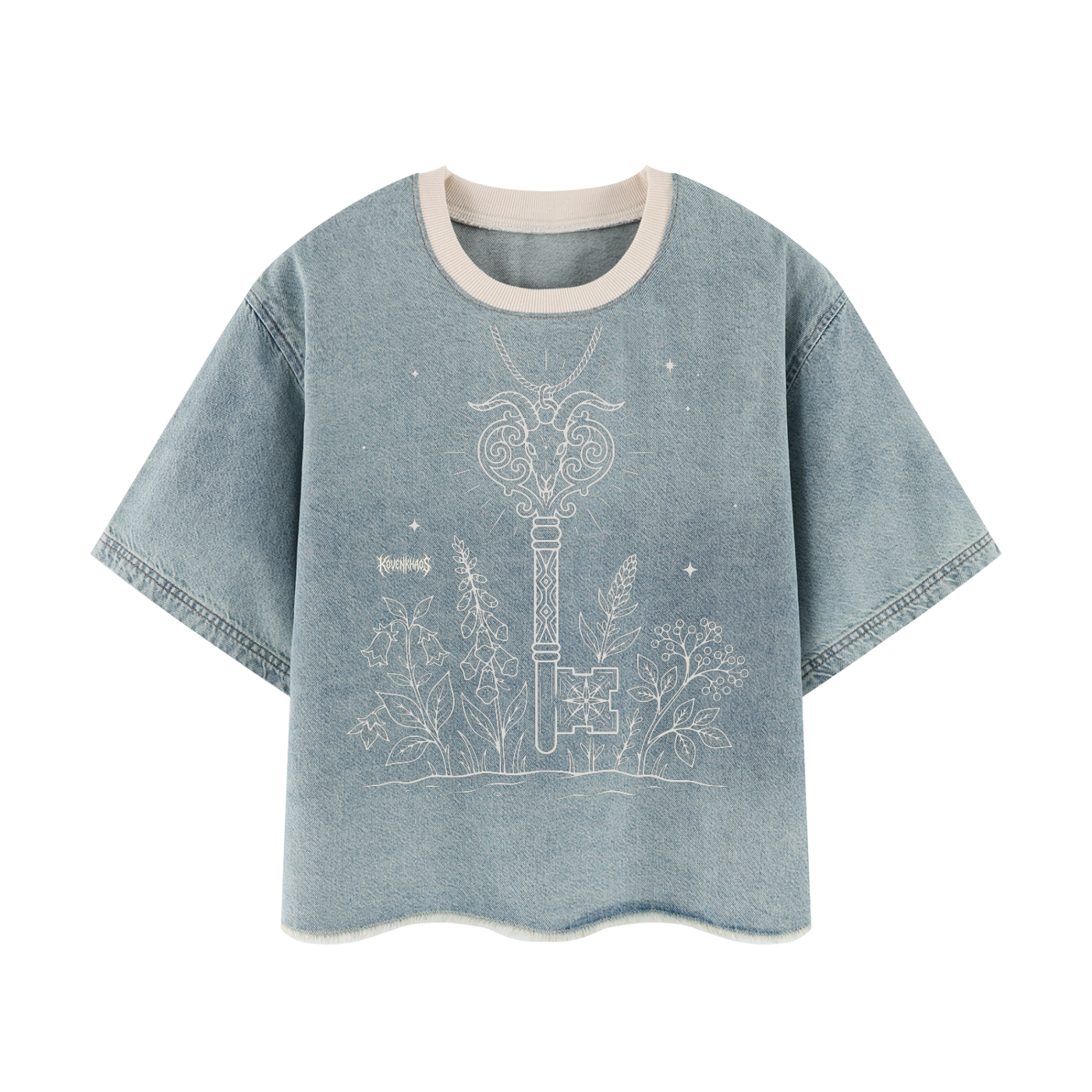 Baphomet Key Unisex Vintage Wash Boxy Raw Hem Denim T-Shirt