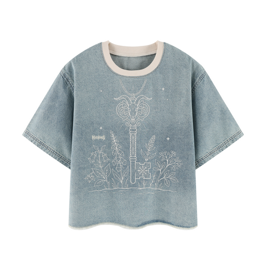 Baphomet Key Unisex Vintage Wash Boxy Raw Hem Denim T-Shirt