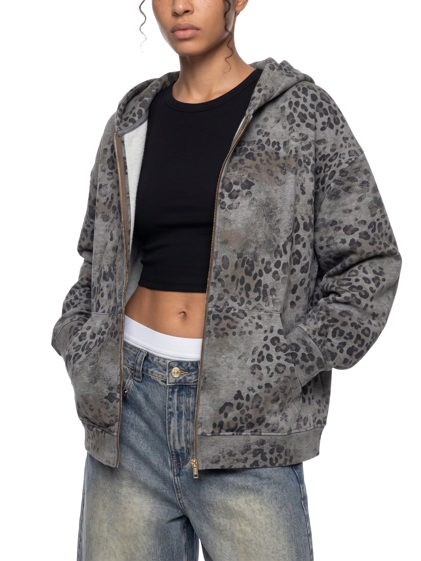 KovenKhaos Unisex Vintage Wash Leopard Full Zip Hoodie