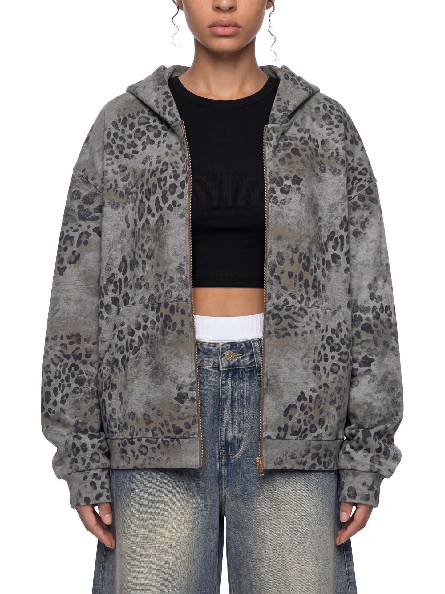 KovenKhaos Unisex Vintage Wash Leopard Full Zip Hoodie