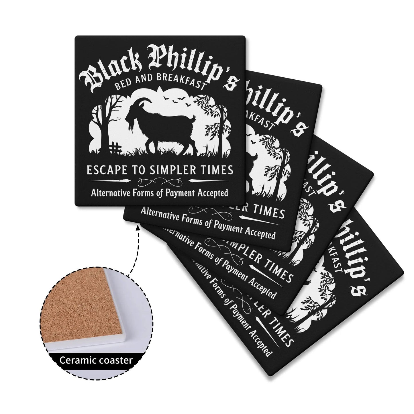 Black Phillip Bed & Breakfast Ceramic Coasters Set