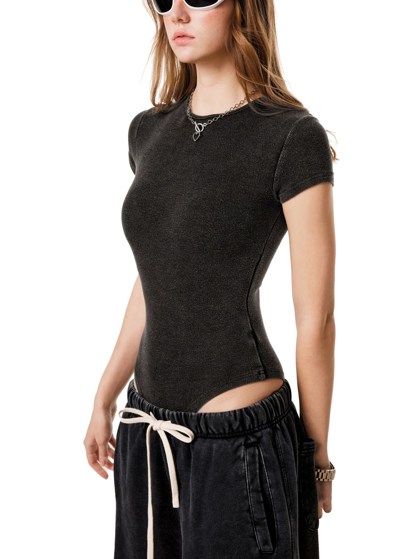 Black Kitty Mineral Wash Crewneck Bodysuit
