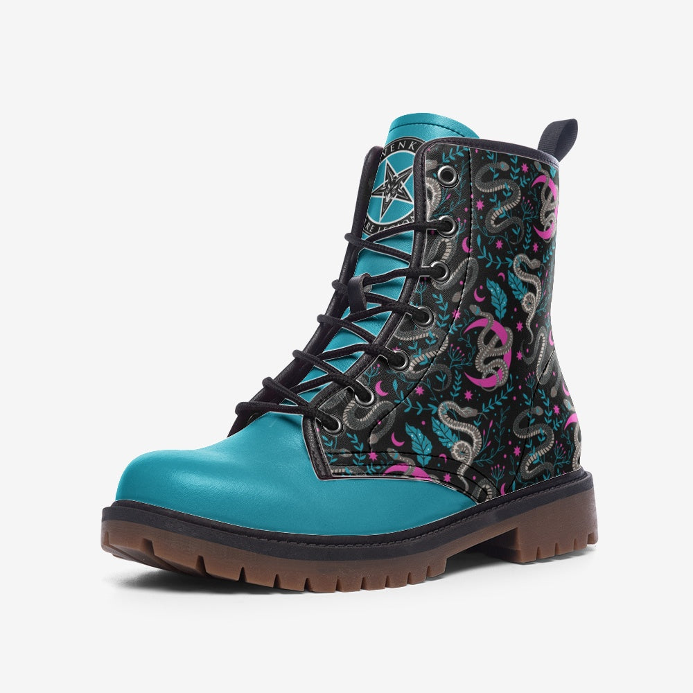 Phoebe – Snakes & Moons Combat Leather Vegan Boots MT