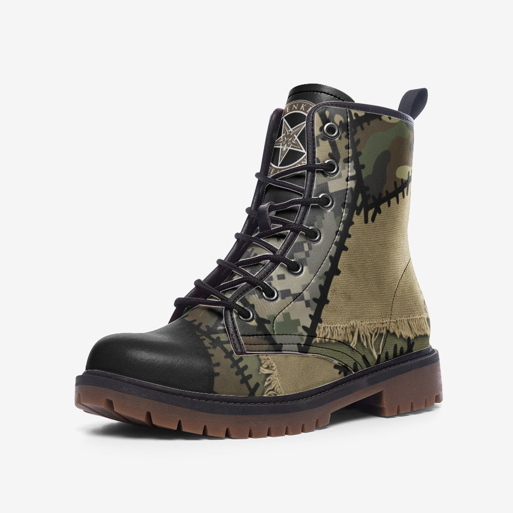 Camo Patchwork Pattern Combat Leather Vegan Boots MT