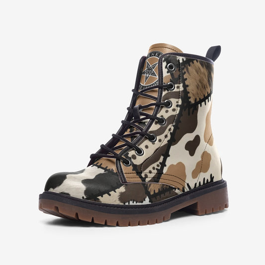 Chocolate | Cow Pattern Combat Leather Vegan Boots MT