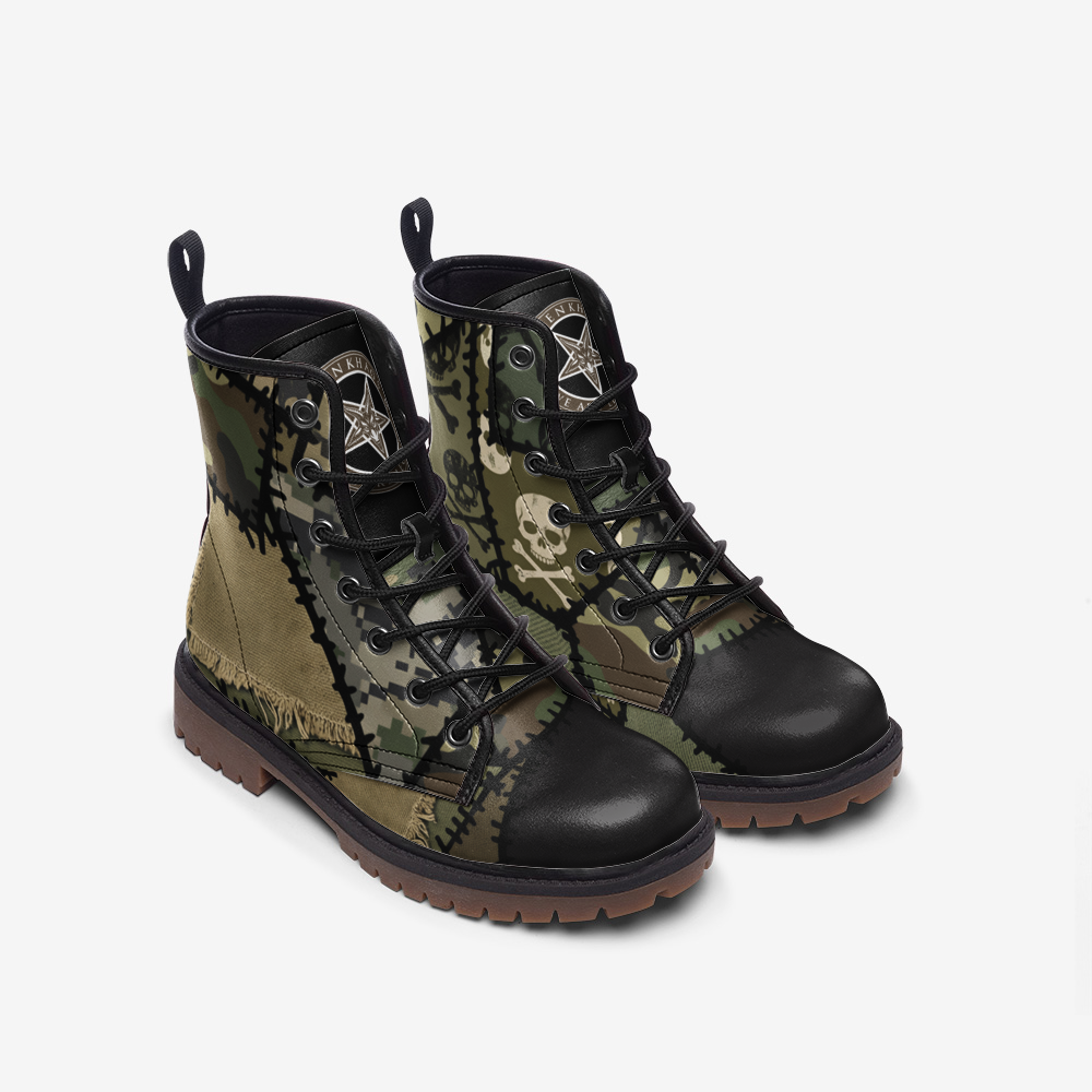Camo Patchwork Pattern Combat Leather Vegan Boots MT