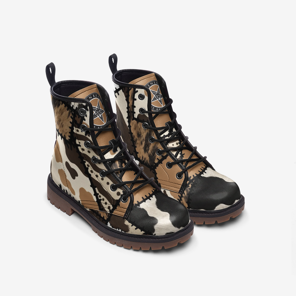Chocolate | Cow Pattern Combat Leather Vegan Boots MT