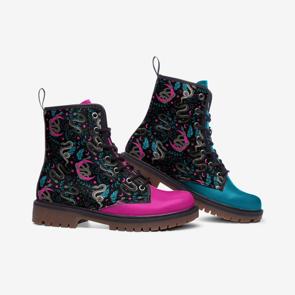 Phoebe – Snakes & Moons Combat Leather Vegan Boots MT