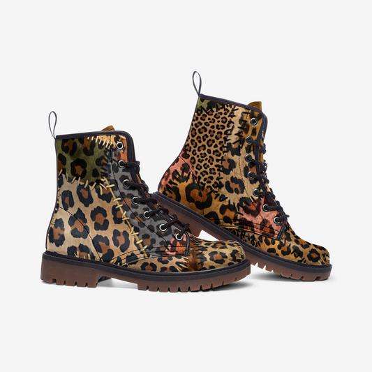 Cheetah Pattern Combat Leather Vegan Boots MT