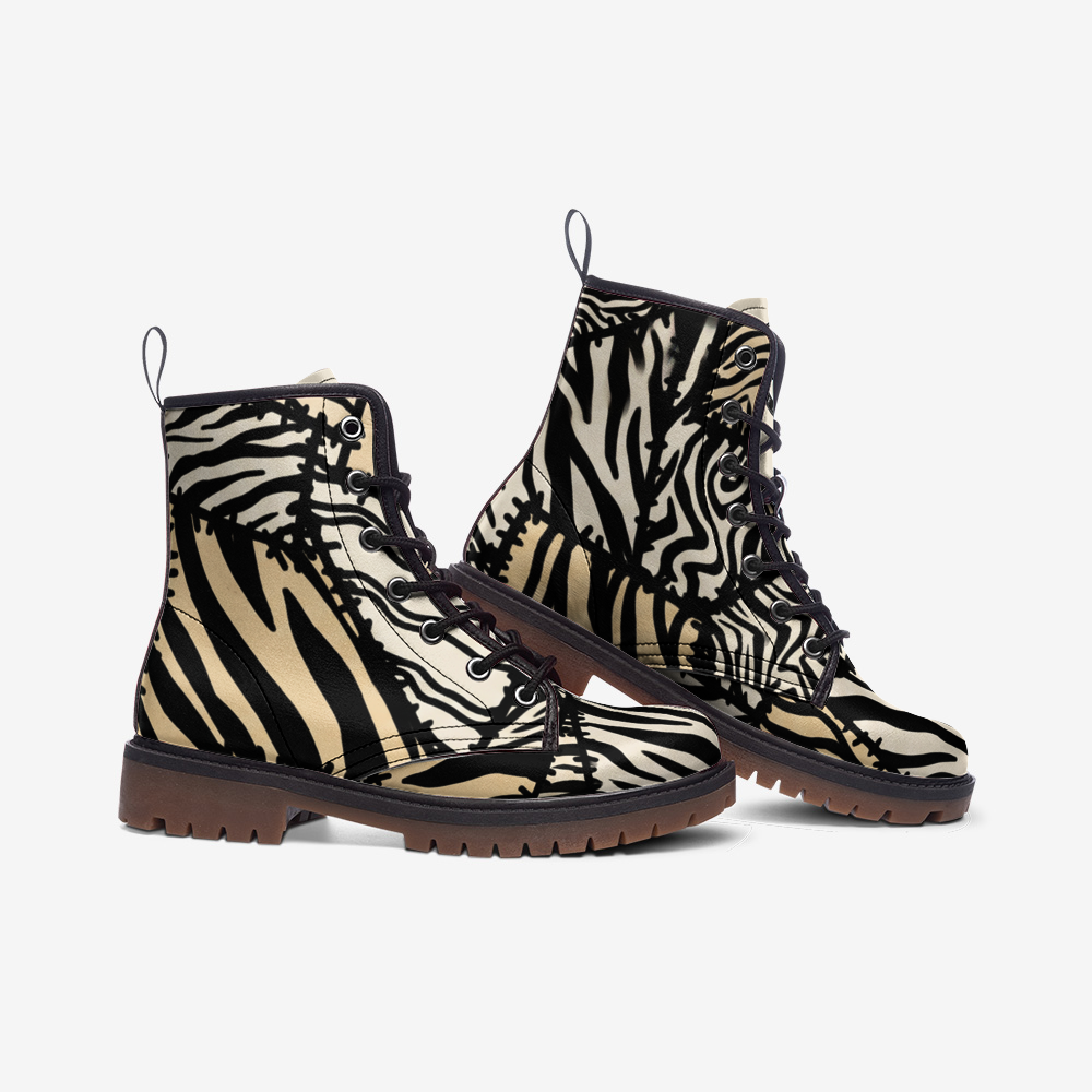 Zebra Pattern Combat Leather Vegan Boots MT