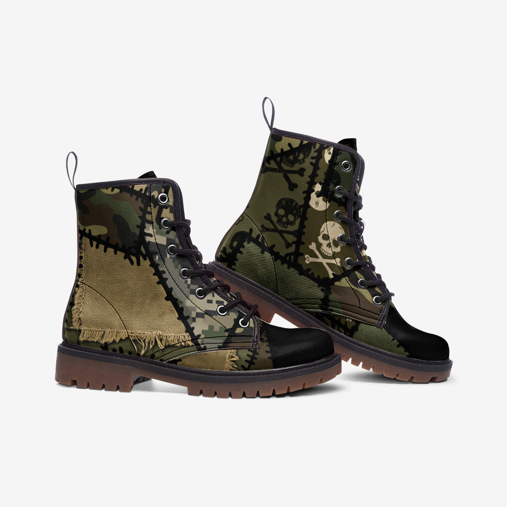 Camo Patchwork Pattern Combat Leather Vegan Boots MT