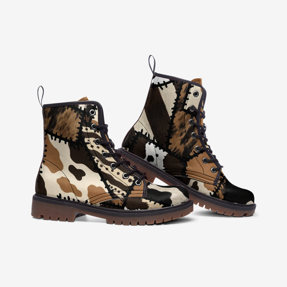 Chocolate | Cow Pattern Combat Leather Vegan Boots MT