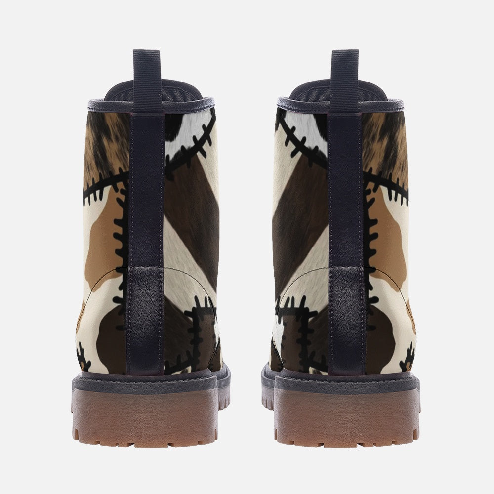 Chocolate | Cow Pattern Combat Leather Vegan Boots MT