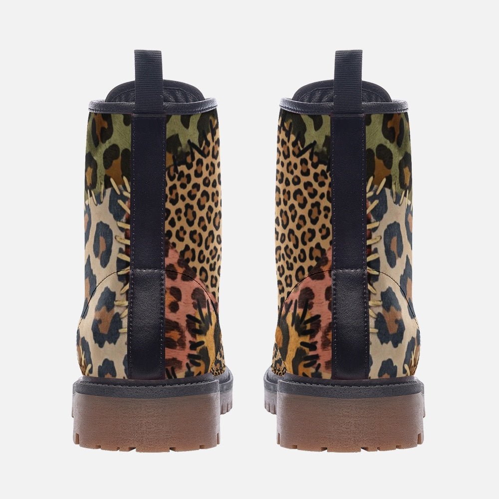Cheetah Pattern Combat Leather Vegan Boots MT