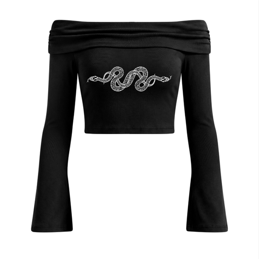 Twin Serpents Off-the-Shoulder Bell Sleeve Crop Top