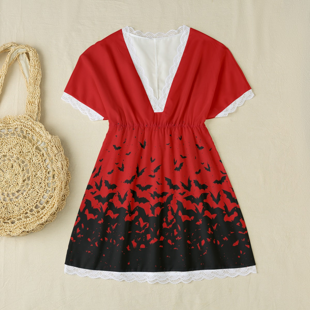 Red Dawn Lace Edge Sleepwear With Bat Sleeve