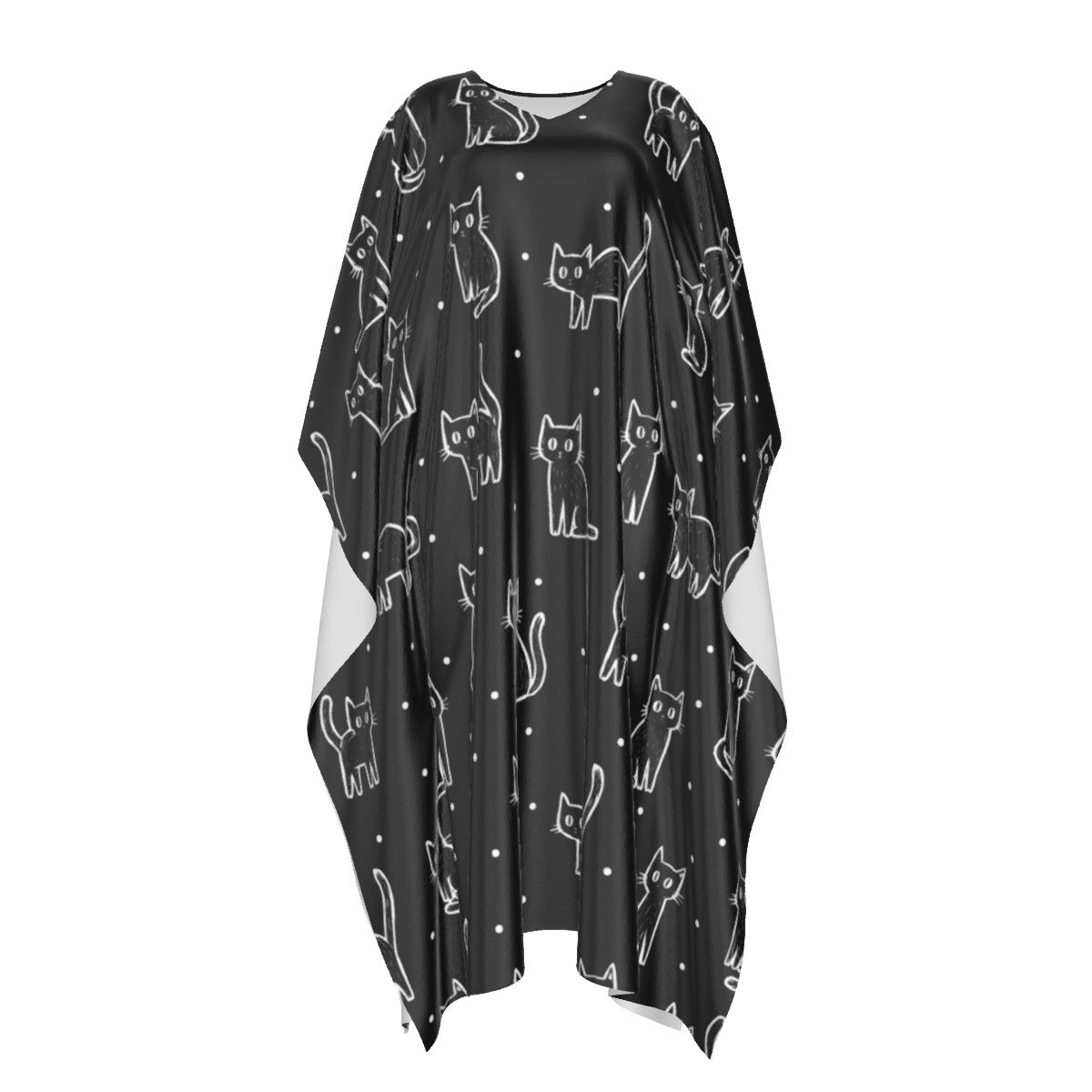 Meow | Black Cats Imitation Silk V-neck Moo Moo | Kaftan Lounge Cover-Up